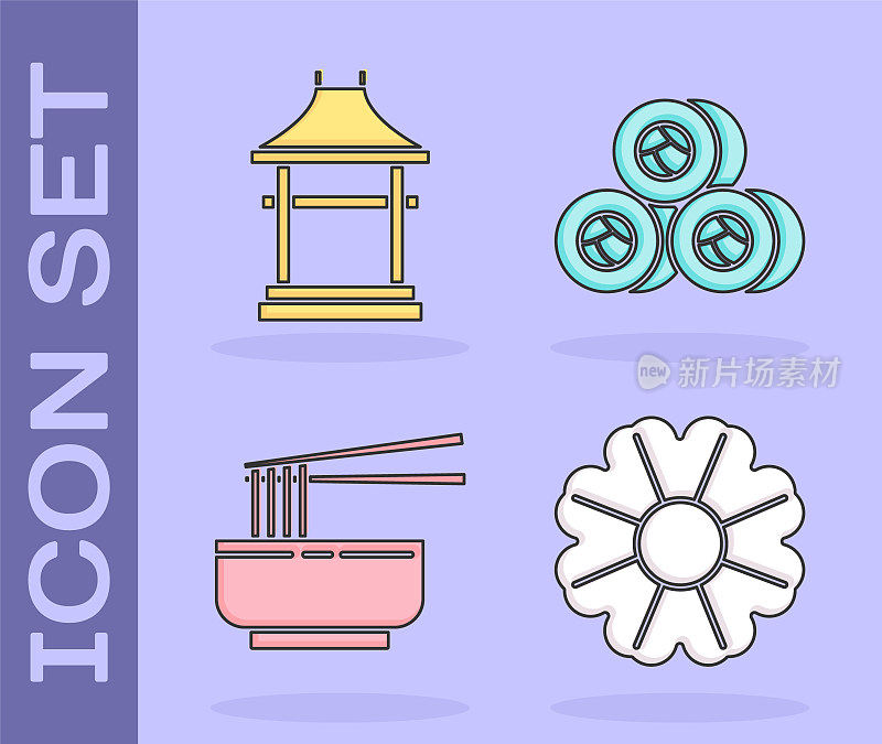Set Flower, Japan Gate, Asian noodles in bowl and chopsticks and Sushi icon。向量